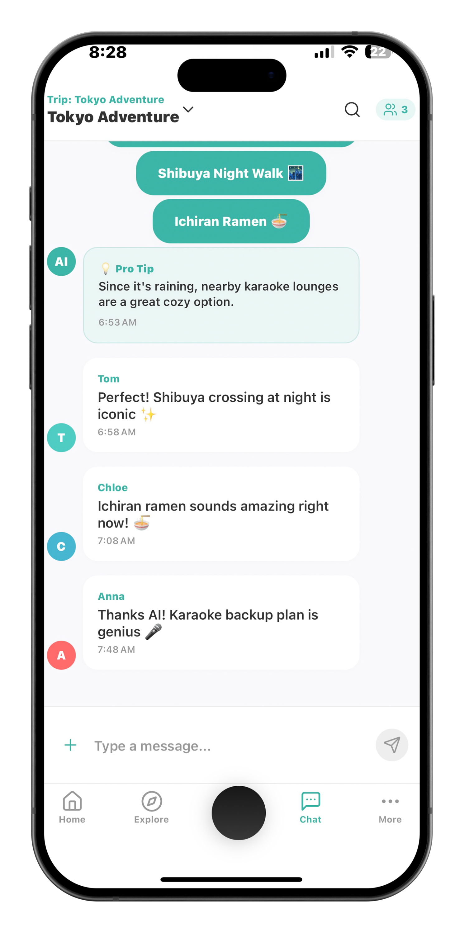 Tokyo chat continuation: Group members responding to AI suggestions with enthusiasm for Shibuya crossing and ramen choices, plus backup karaoke plan appreciation